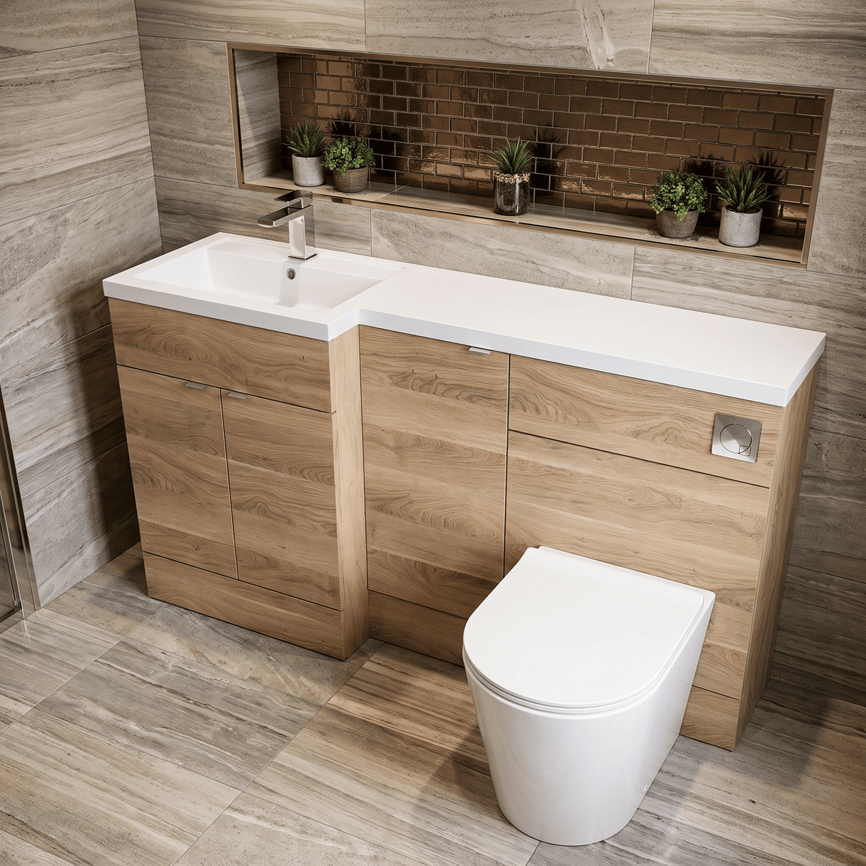 [BFDY3015] Alrewas Contemporary 2 Door Left-Hand Floor Standing Combination Unit with Basin, Bleached Oak, 1500mm - Lifestyle 2