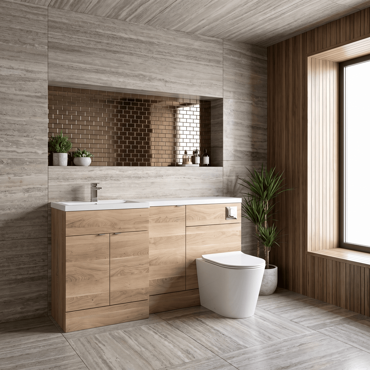 [BFDY3015] Alrewas Contemporary 2 Door Left-Hand Floor Standing Combination Unit with Basin, Bleached Oak, 1500mm - Lifestyle 3