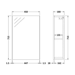 [BFDY3016] 450 Single Mirror Cabinet (180mm Deep) - Technical Drawing