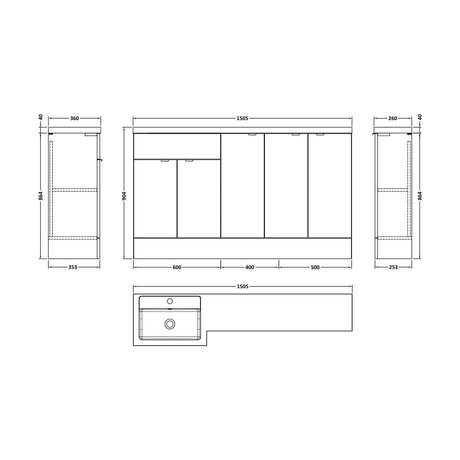 [BFDY3017] Alrewas Contemporary 2 Door Left-Hand Floor Standing Combination Unit with Basin, Bleached Oak, 1500mm - Technical Drawing
