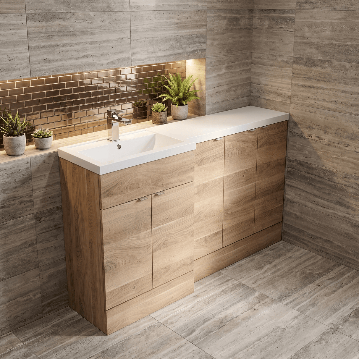 [BFDY3017] Alrewas Contemporary 2 Door Left-Hand Floor Standing Combination Unit with Basin, Bleached Oak, 1500mm - Lifestyle 2