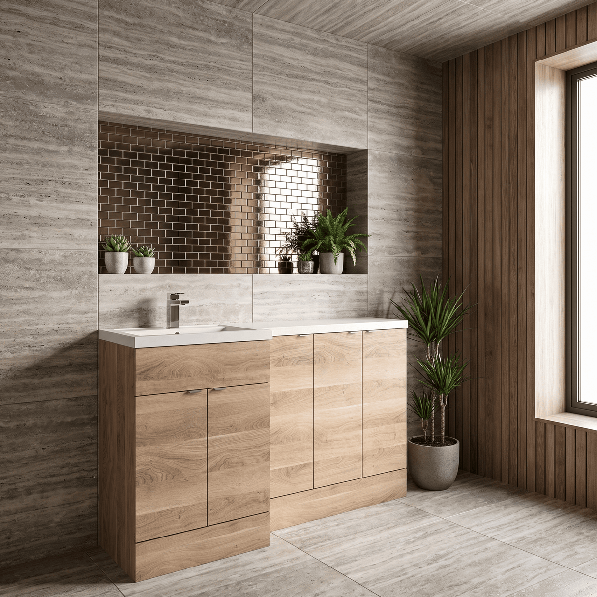[BFDY3017] Alrewas Contemporary 2 Door Left-Hand Floor Standing Combination Unit with Basin, Bleached Oak, 1500mm - Lifestyle 3