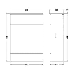 [BFDY3019A] Alrewas Contemporary Floor Standing Compact WC Unit with Worktop, 600mm, Choice of Colour - Technical Drawing