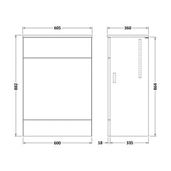 [BFDY3020A] Alrewas Contemporary Floor Standing WC Unit with Coordinating Worktop, 600mm, Choice of Colour - Technical Drawing
