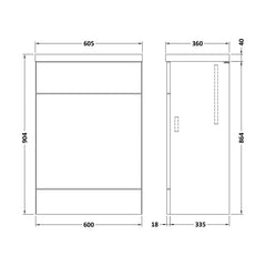 [BFDY3020] Alrewas Contemporary Floor Standing WC Unit with Worktop, Bleached Oak, 600mm - Technical Drawing