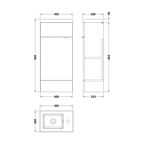 [BFDY3021] Alrewas Contemporary 1 Door Floor Standing Compact Vanity Unit with Basin, Bleached Oak, 400mm - Technical Drawing