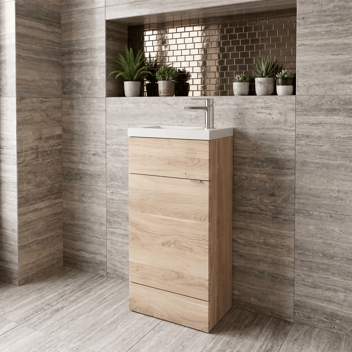 [BFDY3021] Alrewas Contemporary 1 Door Floor Standing Compact Vanity Unit with Basin, Bleached Oak, 400mm - Lifestyle 1