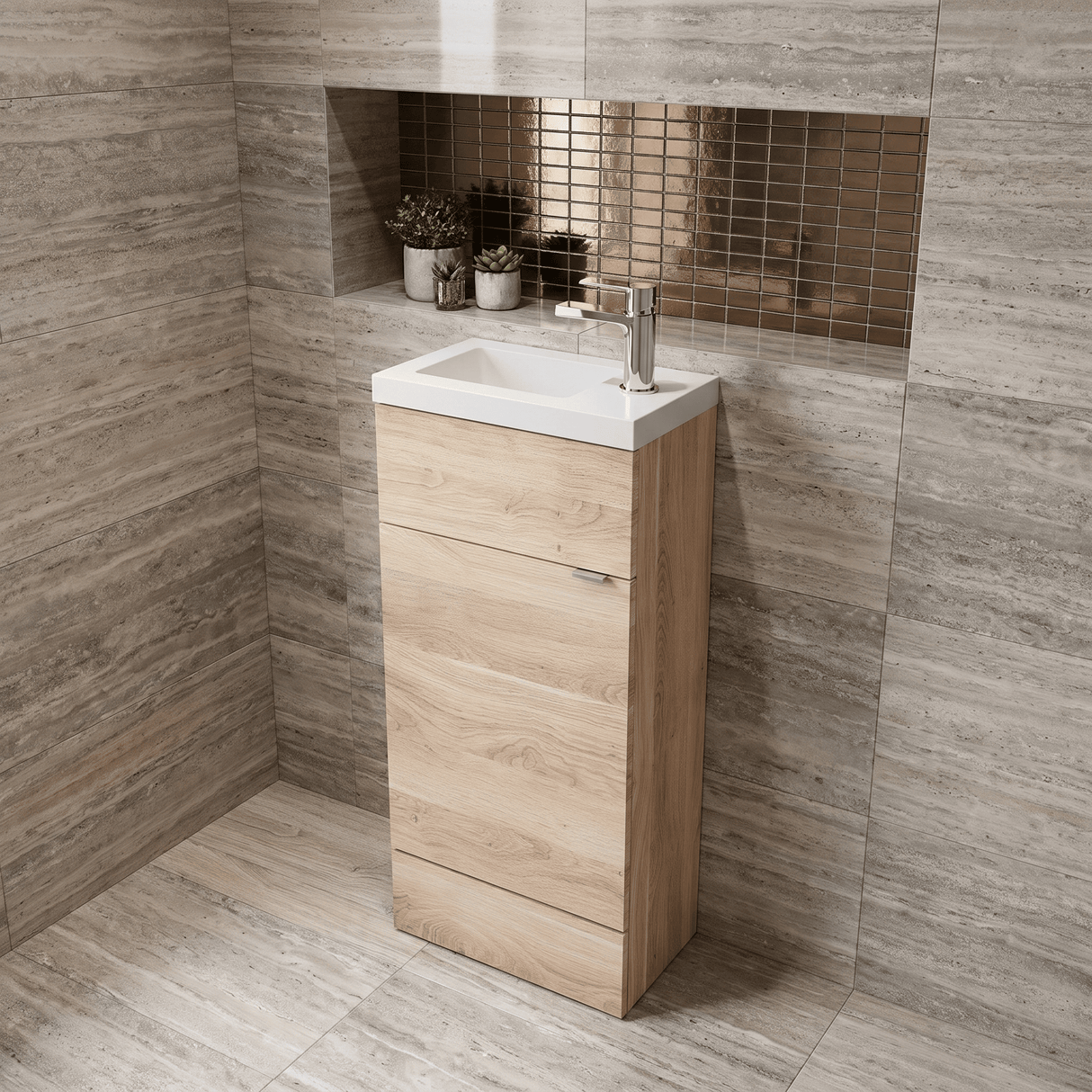 [BFDY3021] Alrewas Contemporary 1 Door Floor Standing Compact Vanity Unit with Basin, Bleached Oak, 400mm - Lifestyle 2