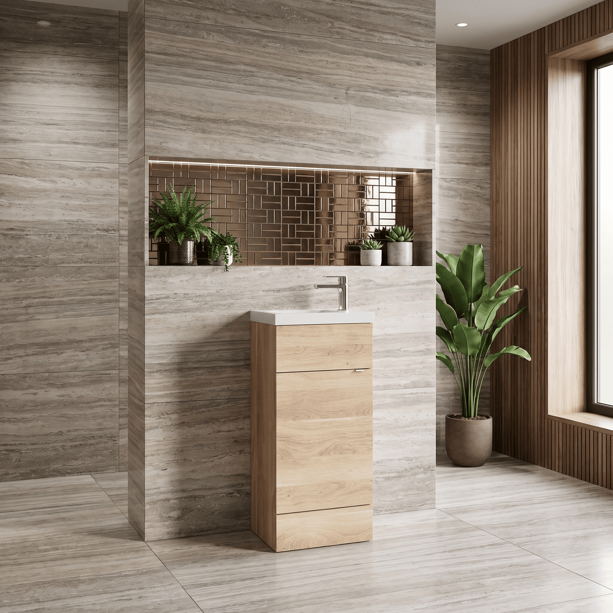 [BFDY3021] Alrewas Contemporary 1 Door Floor Standing Compact Vanity Unit with Basin, Bleached Oak, 400mm - Lifestyle 3