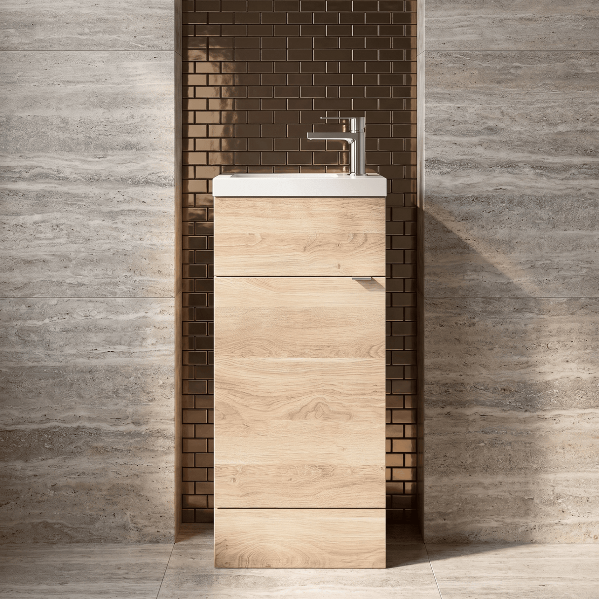 [BFDY3021] Alrewas Contemporary 1 Door Floor Standing Compact Vanity Unit with Basin, Bleached Oak, 400mm - Silo