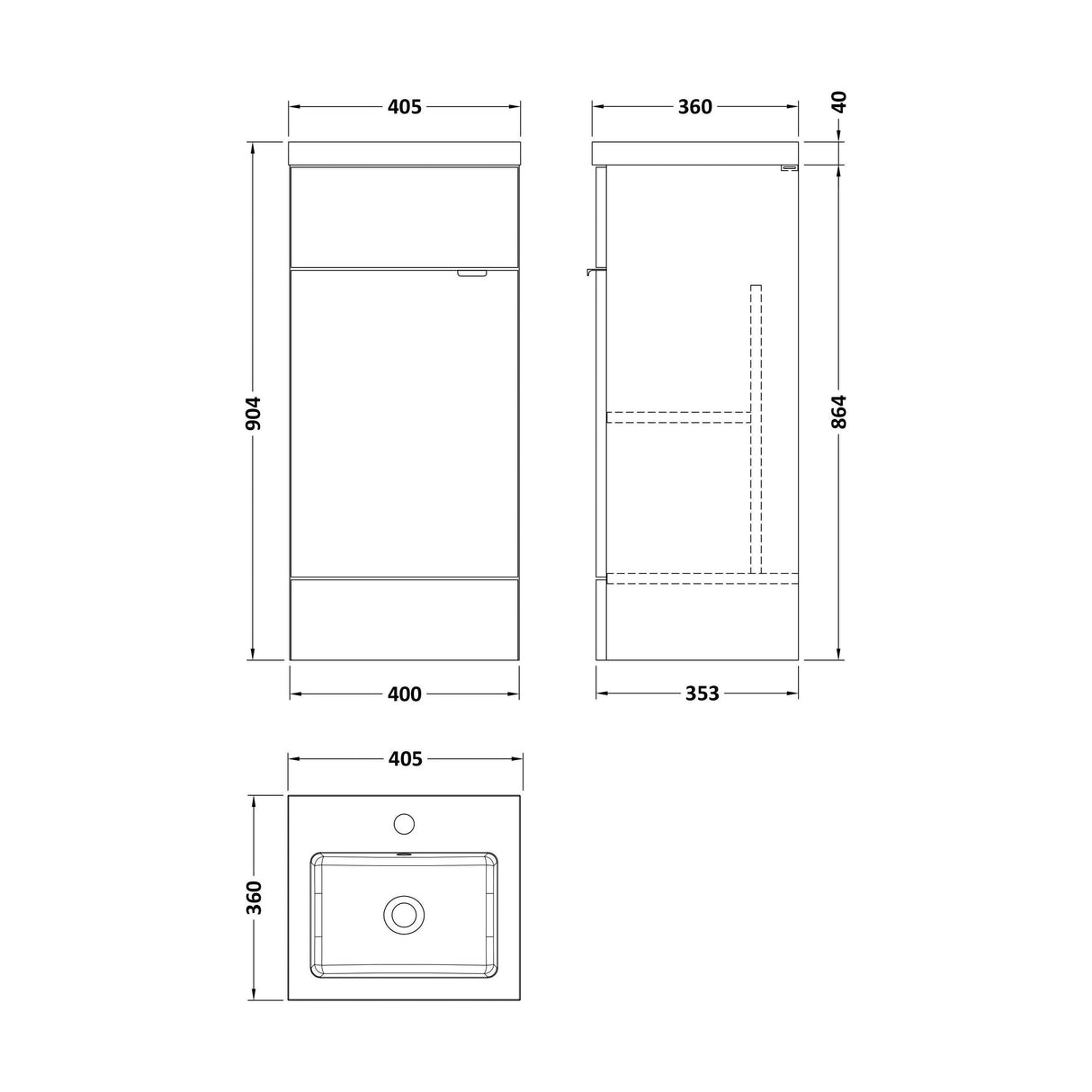 [BFDY3023] Alrewas Contemporary 1 Door Floor Standing Vanity Unit with Basin, Bleached Oak, 400mm - Technical Drawing