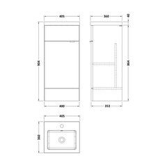 [BFDY3023] Alrewas Contemporary 1 Door Floor Standing Vanity Unit with Basin, Bleached Oak, 400mm - Technical Drawing
