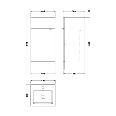 [BFDY3023] Alrewas Contemporary 1 Door Floor Standing Vanity Unit with Basin, Bleached Oak, 400mm - Technical Drawing
