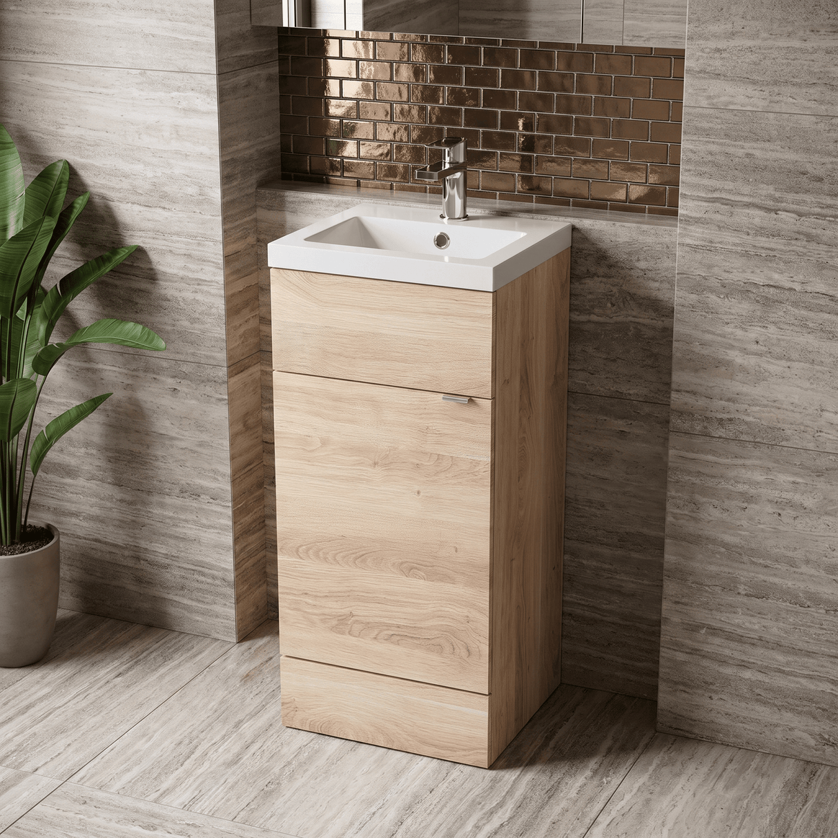 [BFDY3023] Alrewas Contemporary 1 Door Floor Standing Vanity Unit with Basin, Bleached Oak, 400mm - Lifestyle 2