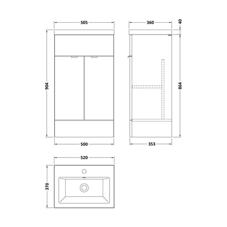 [BFDY3024A] Alrewas Contemporary 2 Door Floor Standing Vanity Unit with Basin, Bleached Oak, 500mm - Technical Drawing