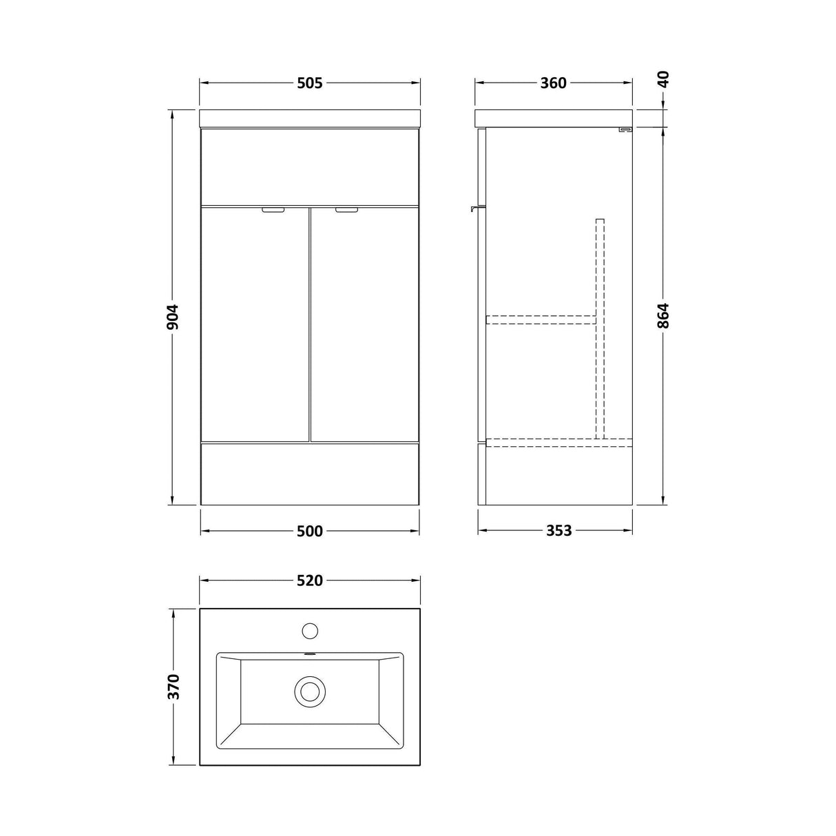 [BFDY3024A] Alrewas Contemporary 2 Door Floor Standing Vanity Unit with Basin, 500mm, Choice of Colour - Technical Drawing