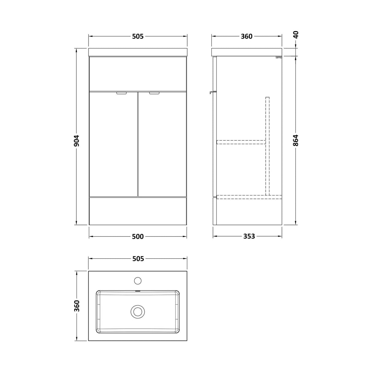 [BFDY3024] Alrewas Contemporary 2 Door Floor Standing Vanity Unit with Basin, Bleached Oak, 500mm - Technical Drawing