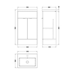 [BFDY3024] Alrewas Contemporary 2 Door Floor Standing Vanity Unit with Basin, Bleached Oak, 500mm - Technical Drawing