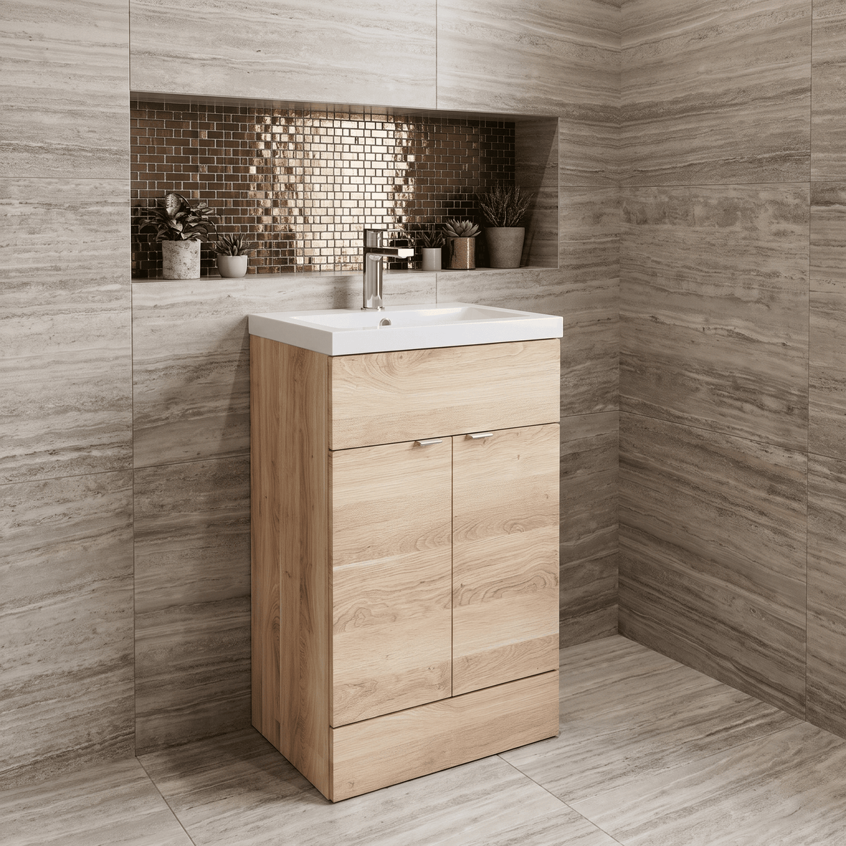 [BFDY3024] Alrewas Contemporary 2 Door Floor Standing Vanity Unit with Basin, Bleached Oak, 500mm - Lifestyle 1