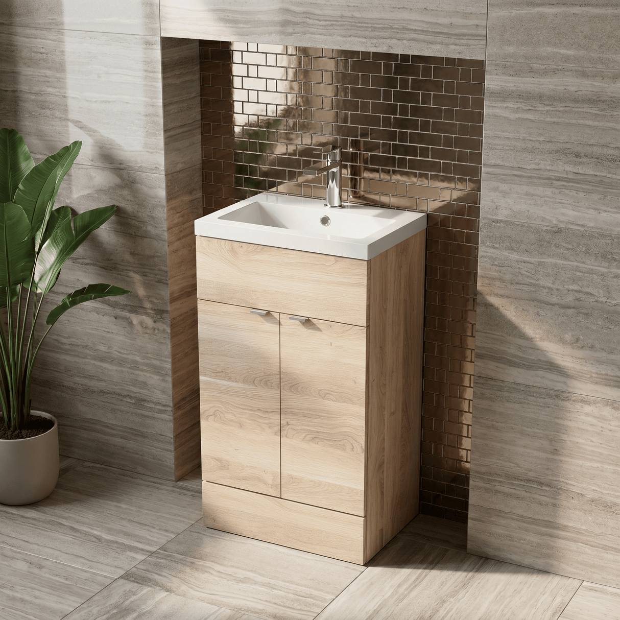[BFDY3024] Alrewas Contemporary 2 Door Floor Standing Vanity Unit with Basin, Bleached Oak, 500mm - Lifestyle 2