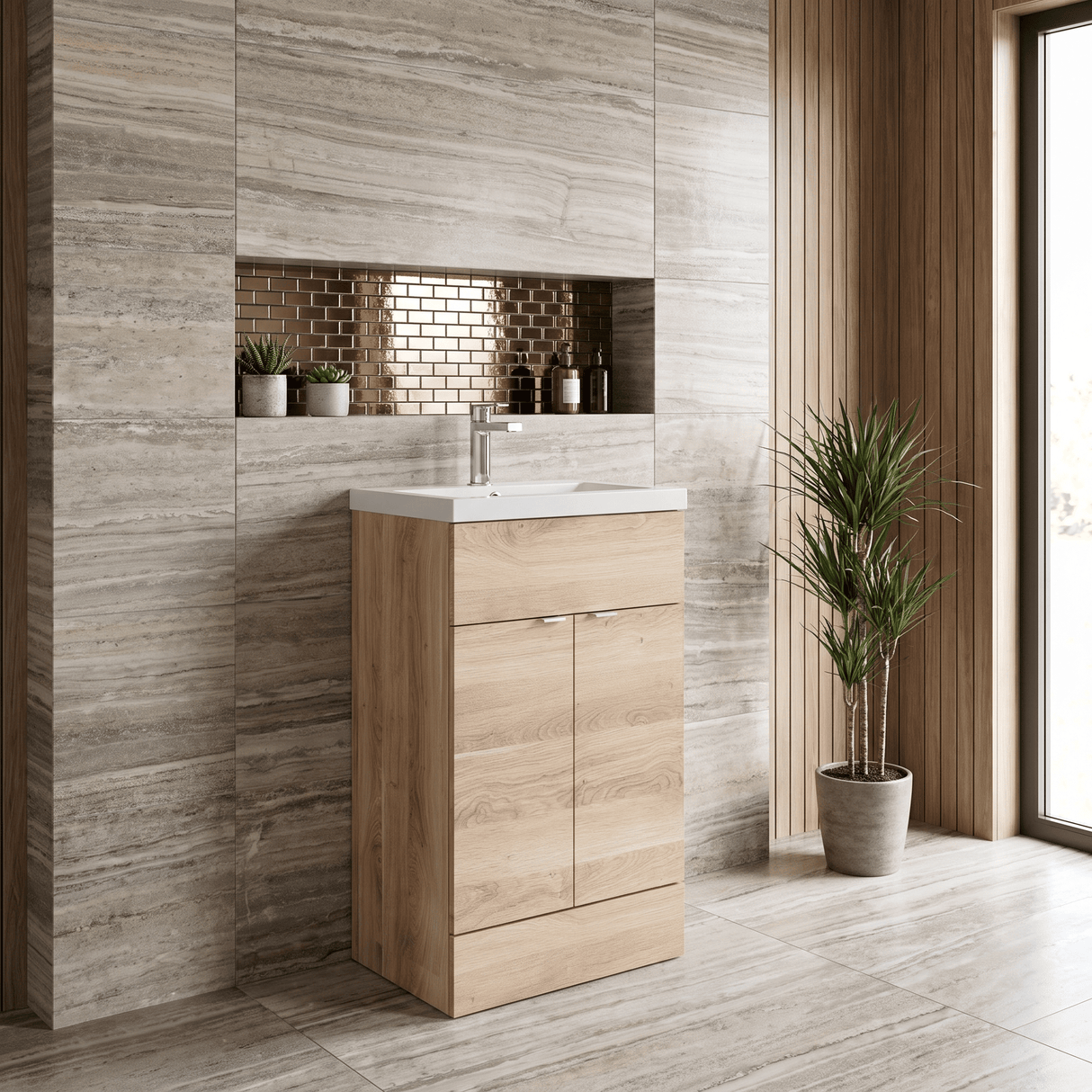 [BFDY3024] Alrewas Contemporary 2 Door Floor Standing Vanity Unit with Basin, Bleached Oak, 500mm - Lifestyle 3