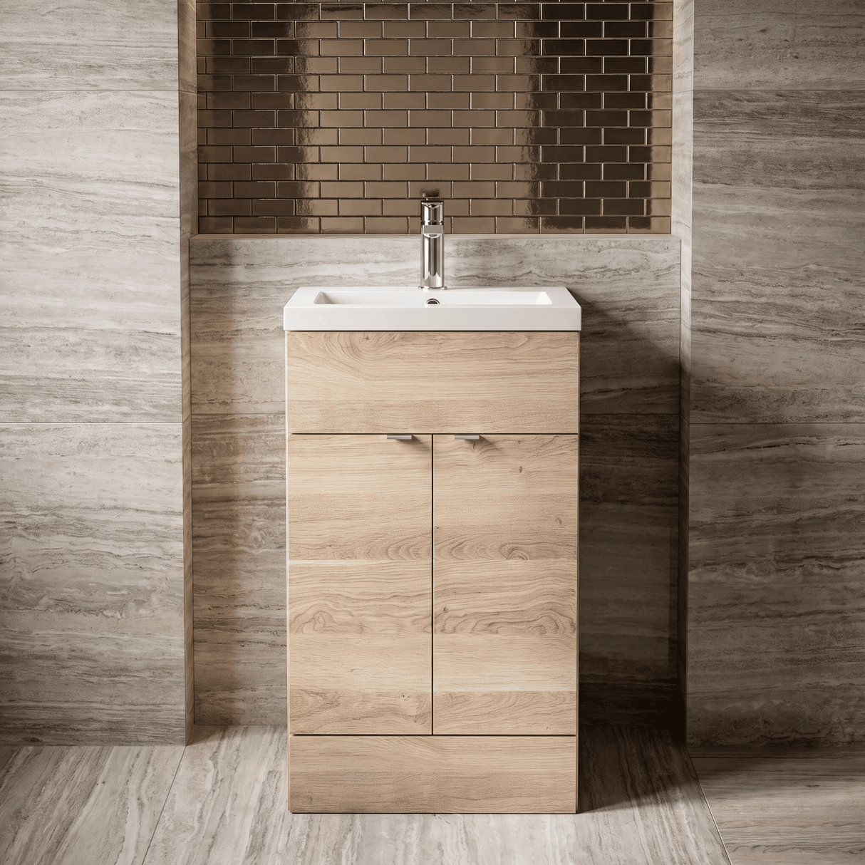 [BFDY3024] Alrewas Contemporary 2 Door Floor Standing Vanity Unit with Basin, Bleached Oak, 500mm - Silo