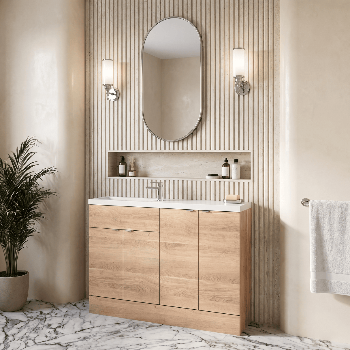 [BFDY3025] Alrewas Contemporary 2 Door Floor Standing Compact Combination Unit with Basin, Bleached Oak, 1200mm - Lifestyle 3