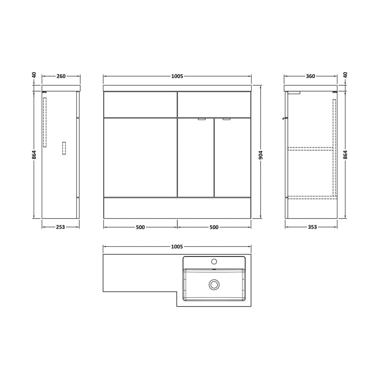 [BFDY3027] Alrewas Contemporary 2 Door Right-Hand Floor Standing Combination Unit with Basin, Bleached Oak, 1000mm - Technical Drawing