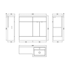 [BFDY3027] Alrewas Contemporary 2 Door Right-Hand Floor Standing Combination Unit with Basin, Bleached Oak, 1000mm - Technical Drawing