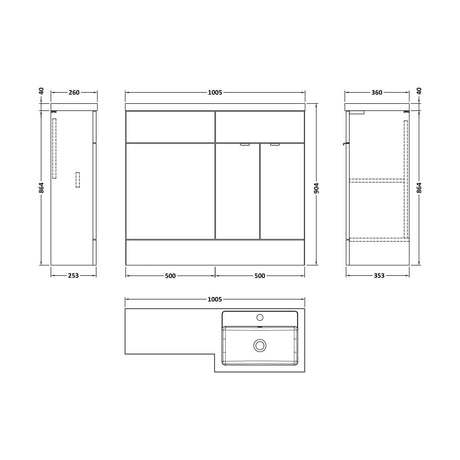 [BFDY3027] Alrewas Contemporary 2 Door Right-Hand Floor Standing Combination Unit with Basin, Bleached Oak, 1000mm - Technical Drawing