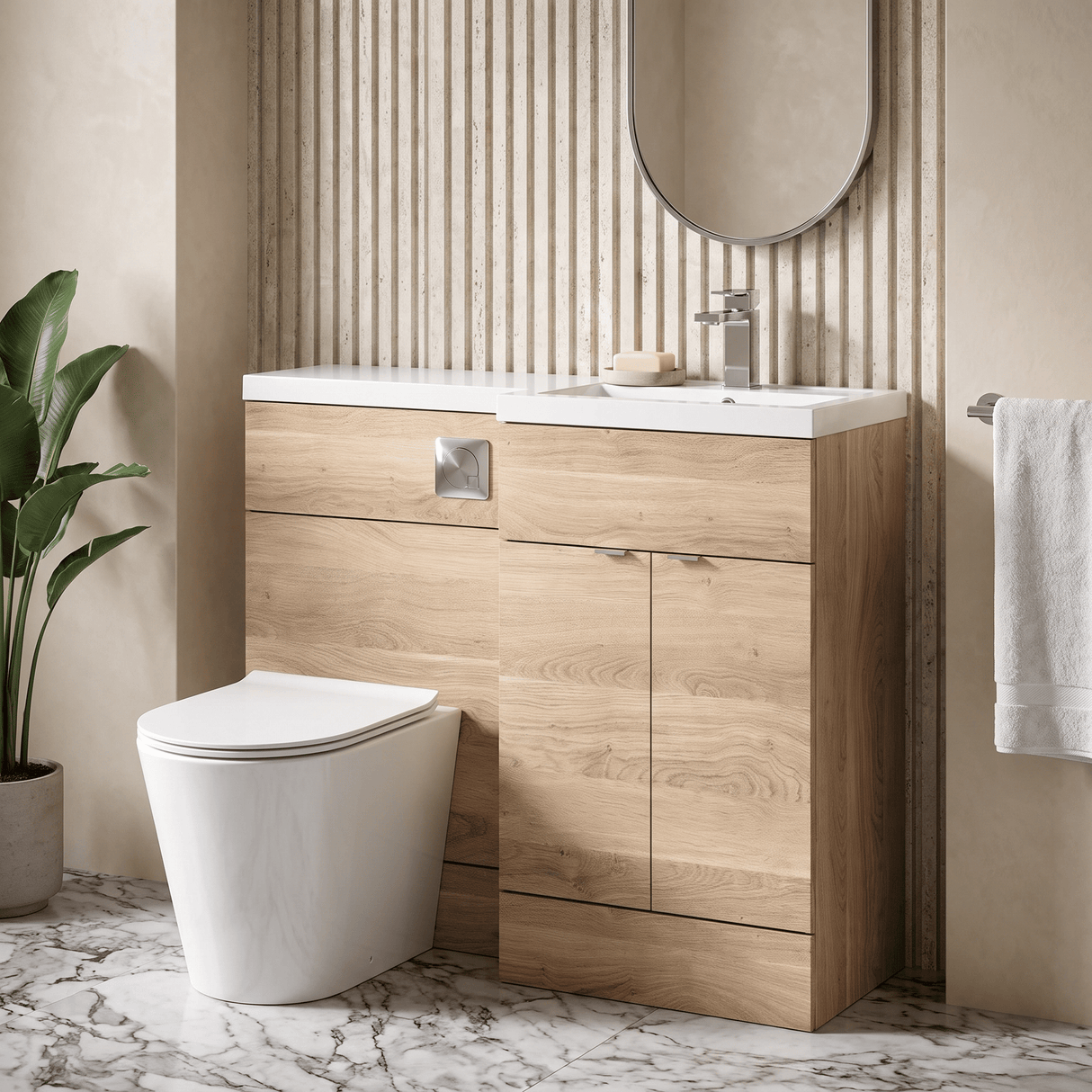 [BFDY3027] Alrewas Contemporary 2 Door Right-Hand Floor Standing Combination Unit with Basin, Bleached Oak, 1000mm - Lifestyle 1