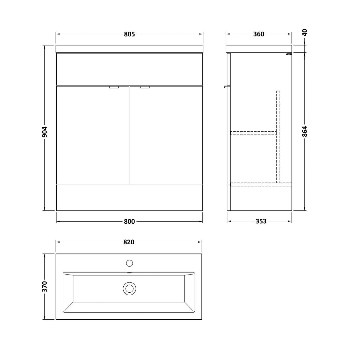 [BFDY3028A] Alrewas Contemporary 2 Door Floor Standing Vanity Unit with Basin, 800mm, Choice of Colour - Technical Drawing