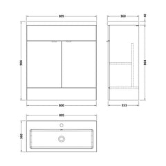 [BFDY3028] Alrewas Contemporary 2 Door Floor Standing Vanity Unit with Basin, Bleached Oak, 800mm - Technical Drawing