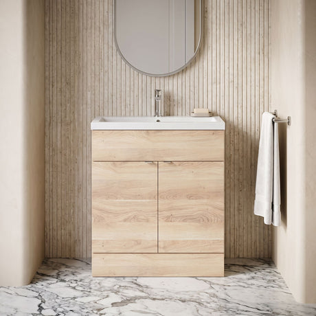 [BFDY3028] Alrewas Contemporary 2 Door Floor Standing Vanity Unit with Basin, Bleached Oak, 800mm - Silo