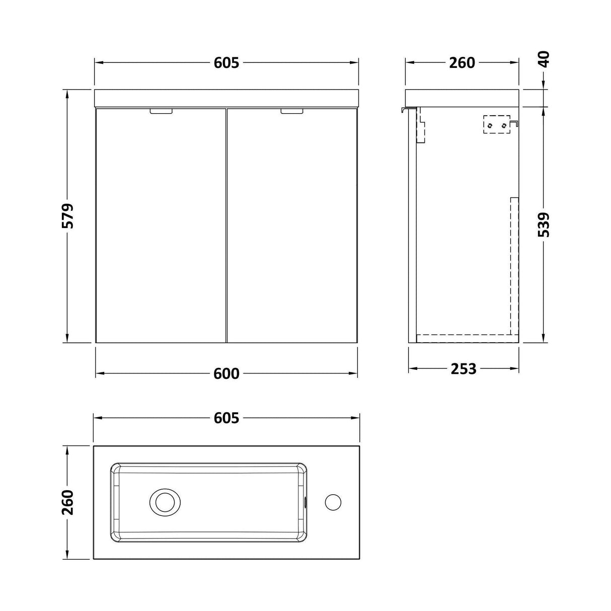 [BFDY3029] Alrewas Contemporary 2 Door Wall Hung Vanity Unit with Basin, Bleached Oak, 600mm - Technical Drawing