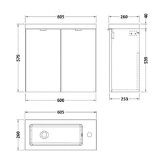 [BFDY3029] Alrewas Contemporary 2 Door Wall Hung Vanity Unit with Basin, Bleached Oak, 600mm - Technical Drawing