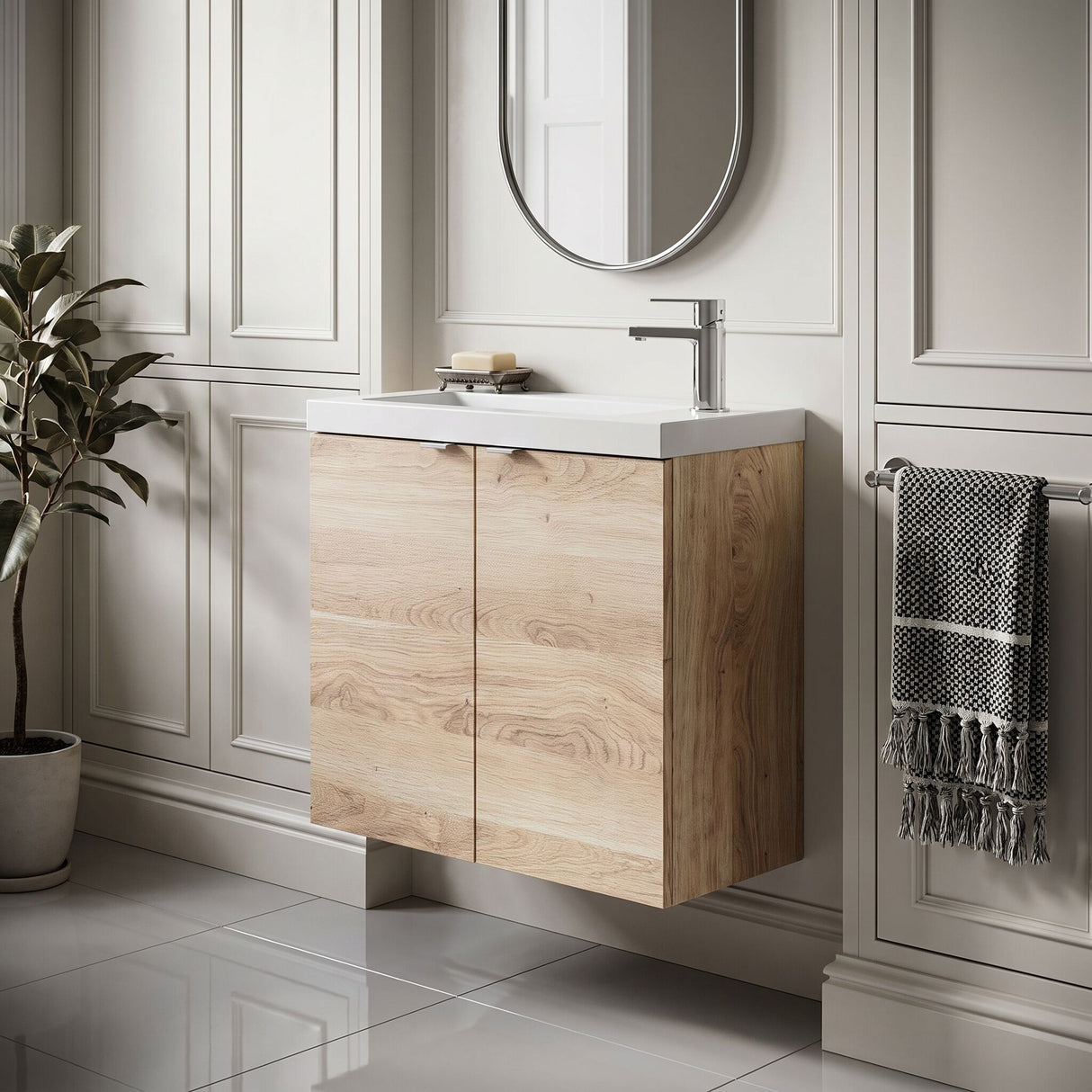 [BFDY3029] Alrewas Contemporary 2 Door Wall Hung Vanity Unit with Basin, Bleached Oak, 600mm - Lifestyle 1