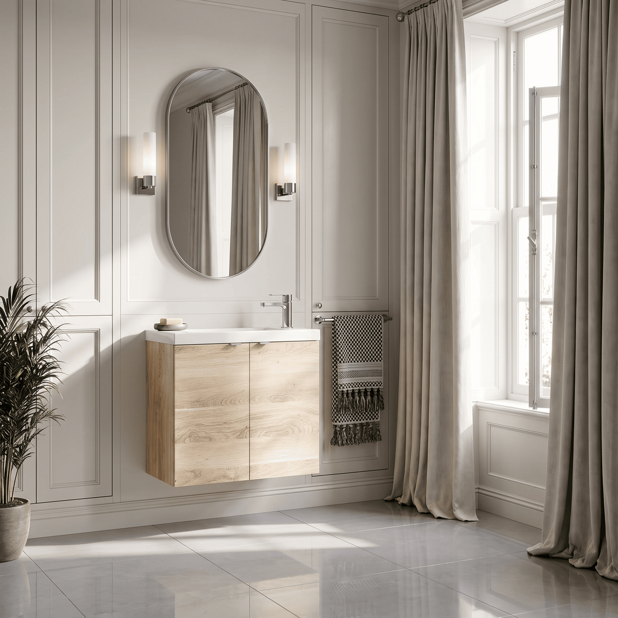 [BFDY3029] Alrewas Contemporary 2 Door Wall Hung Vanity Unit with Basin, Bleached Oak, 600mm - Lifestyle 3