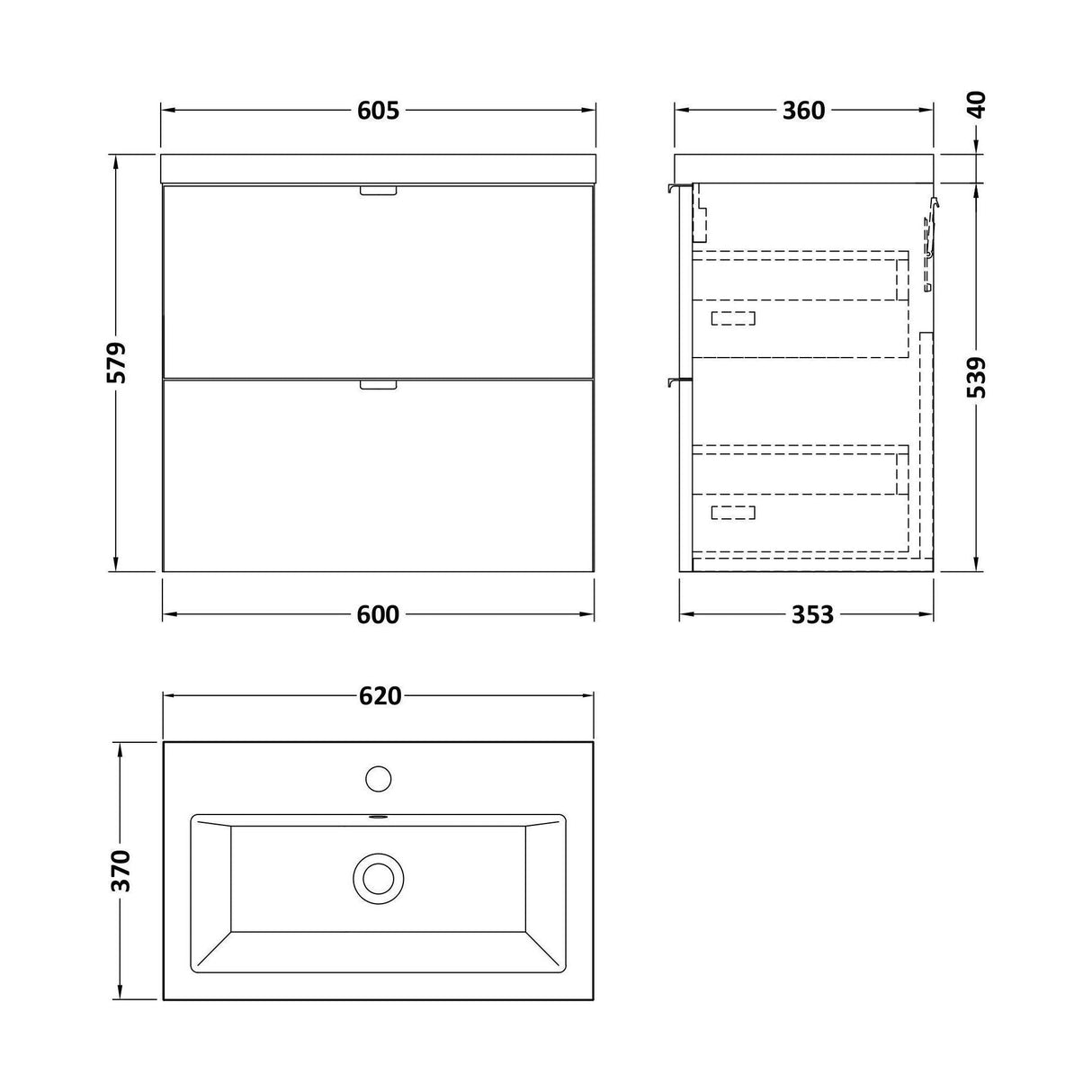 [BFDY3030A] Alrewas Contemporary 2 Drawer Wall Hung Vanity Unit with Basin, 600mm, Choice of Colour - Technical Drawing