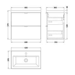 [BFDY3030A] Alrewas Contemporary 2 Drawer Wall Hung Vanity Unit with Basin, 600mm, Choice of Colour - Technical Drawing