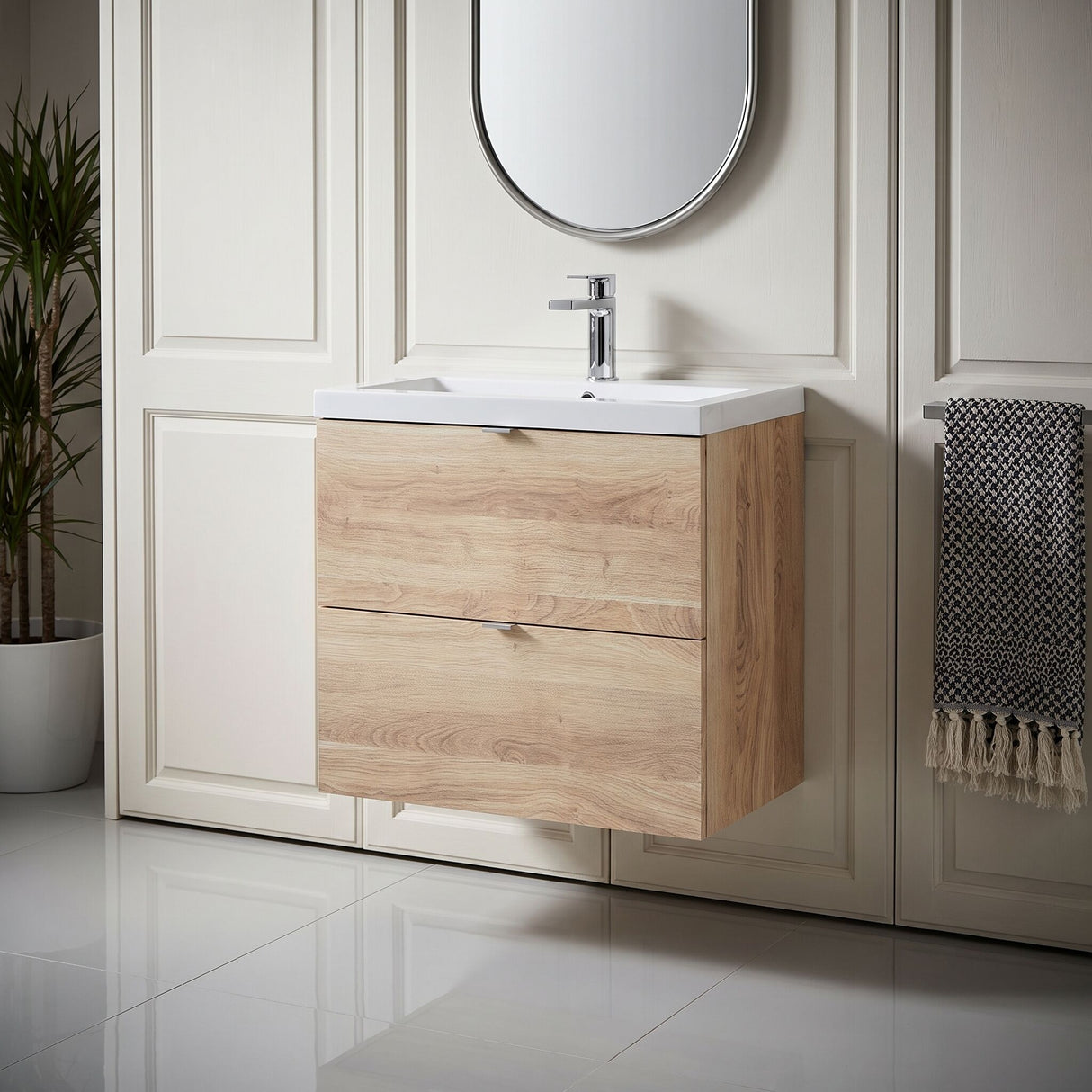 [BFDY3030] Alrewas Contemporary 2 Drawer Wall Hung Vanity Unit with Basin, Bleached Oak, 600mm - Lifestyle 1