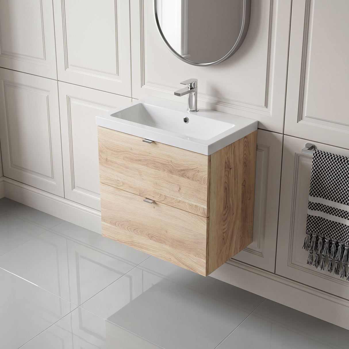 [BFDY3030] Alrewas Contemporary 2 Drawer Wall Hung Vanity Unit with Basin, Bleached Oak, 600mm - Lifestyle 2