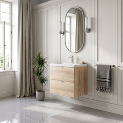 [BFDY3030] Alrewas Contemporary 2 Drawer Wall Hung Vanity Unit with Basin, Bleached Oak, 600mm - Lifestyle 3