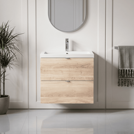 [BFDY3030] Alrewas Contemporary 2 Drawer Wall Hung Vanity Unit with Basin, Bleached Oak, 600mm - Silo