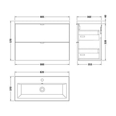 [BFDY3031A] Alrewas Contemporary 2 Drawer Wall Hung Vanity Unit with Basin, 800mm, Choice of Colour - Technical Drawing