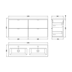 [BFDY3032A] Alrewas Contemporary 4 Drawer Wall Hung Vanity Unit with Basin, 1200mm, Choice of Colour - Technical Drawing