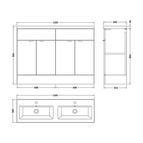 [BFDY3034A] Alrewas Contemporary 4 Door Floor Standing Vanity Unit with Basin, Bleached Oak, 1200mm - Technical Drawing