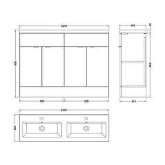 [BFDY3034A] Alrewas Contemporary 2 Door Floor Standing Vanity Unit with Basin, 1200mm, Choice of Colour - Technical Drawing