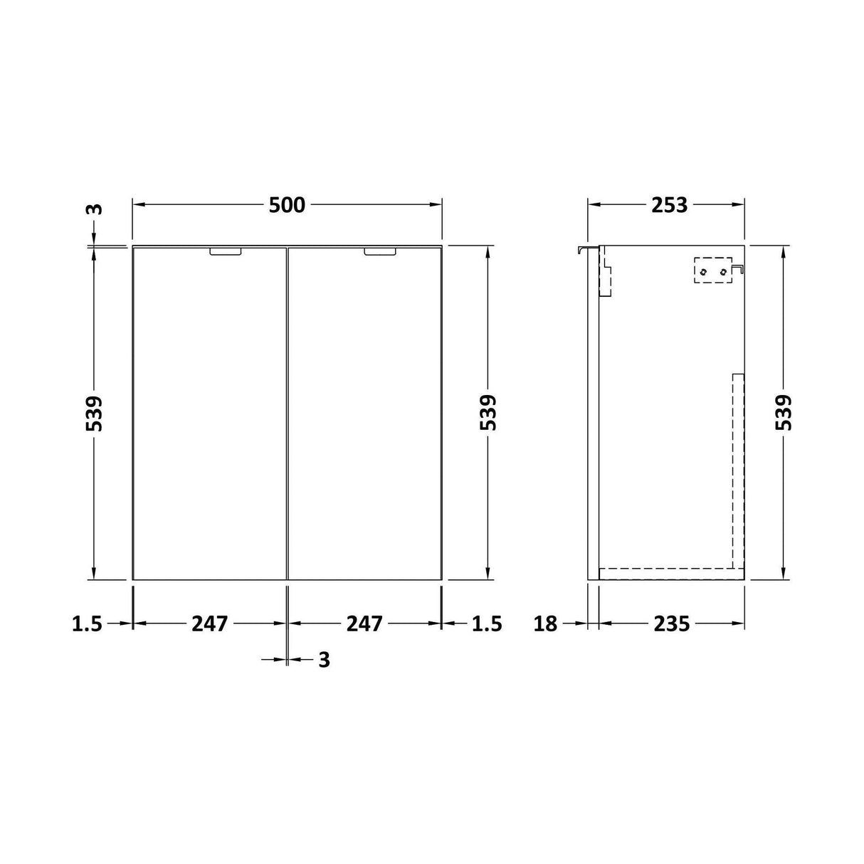 [BFDY3034] 500 2-Door Wall Hung Unit (255MM) - Technical Drawing