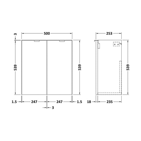 [BFDY3034] 500 2-Door Wall Hung Unit (255MM) - Technical Drawing